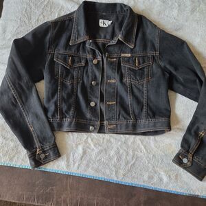 Calvin Klein CK Dark Wash Cropped Denim Jacket Y2K Slim Fit Cotton Jean Coat S